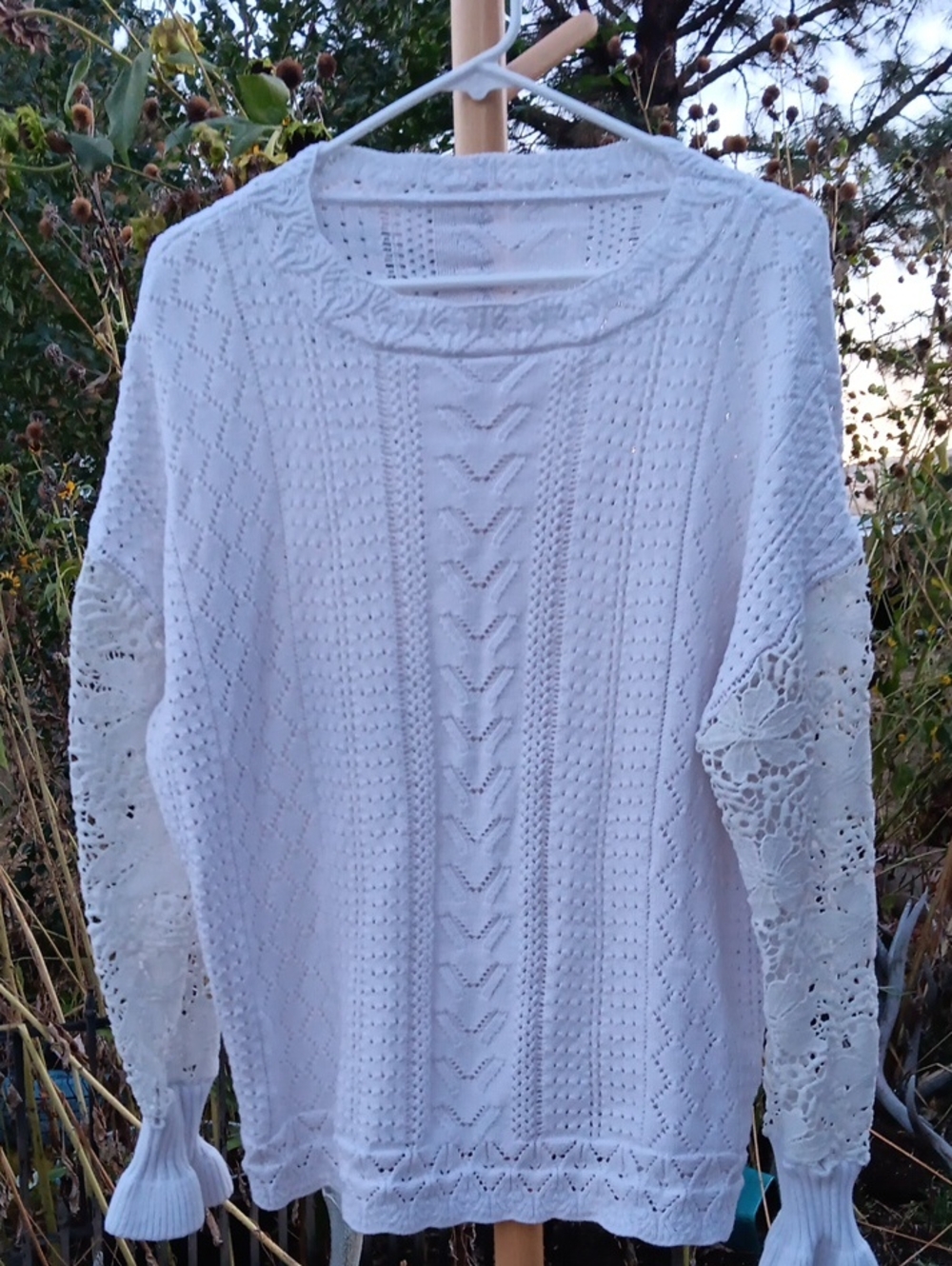 White Crochet-Sleeve Crew Neck Sweater
